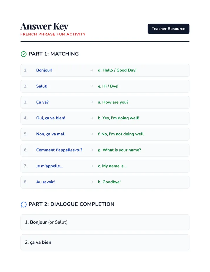 French Phrase Fun Answer Key