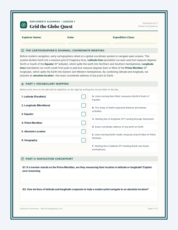 Grid the Globe Worksheet