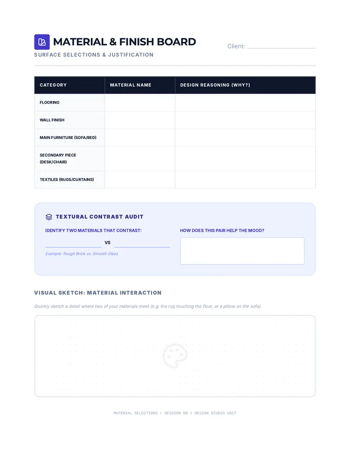 Material and Finish Selector Worksheet