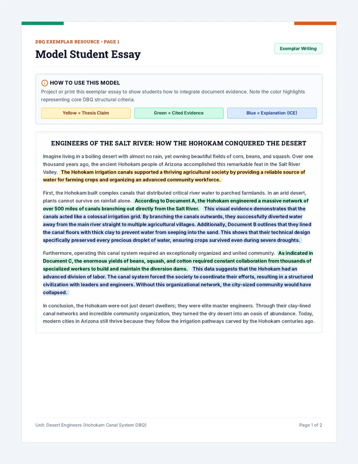 Hohokam DBQ Model Essay and Rubric