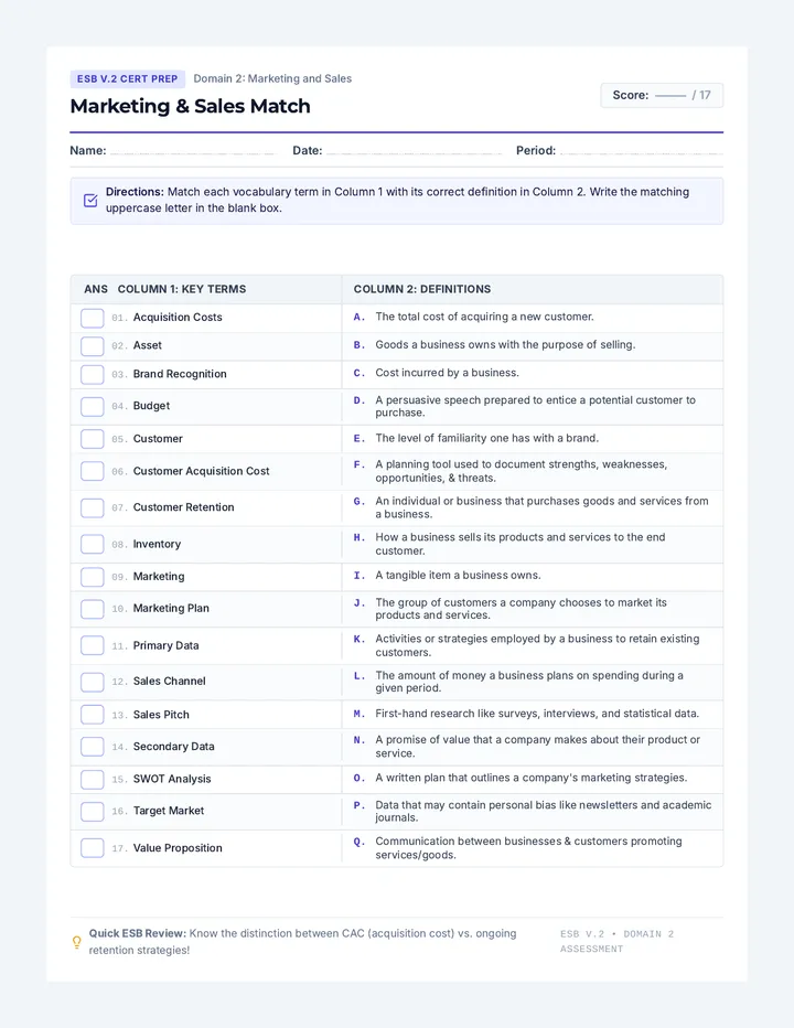 ESB Marketing Match Worksheet