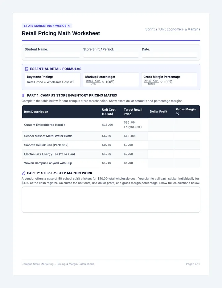 Retail Pricing Math Worksheet