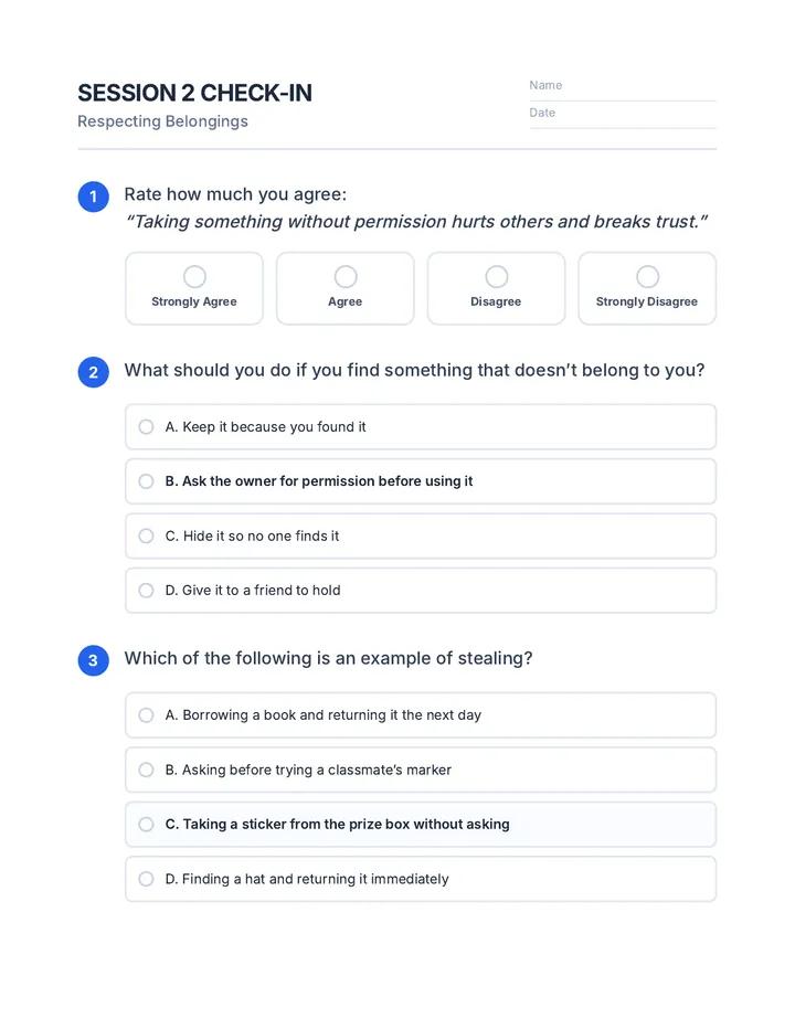 Respecting Belongings Quiz material