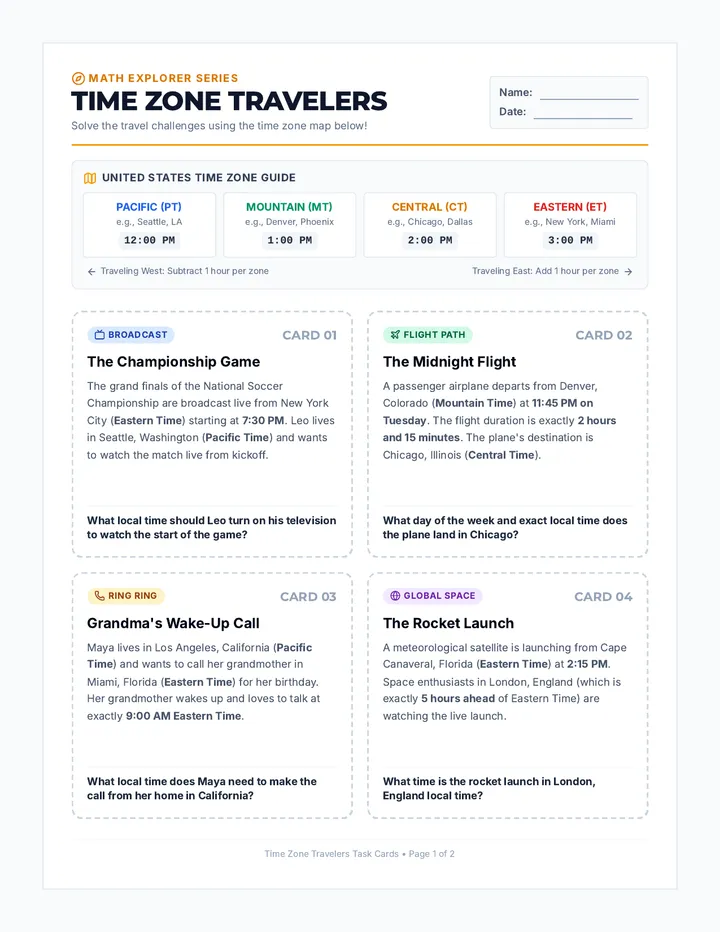 Time Zone Travelers Task Cards