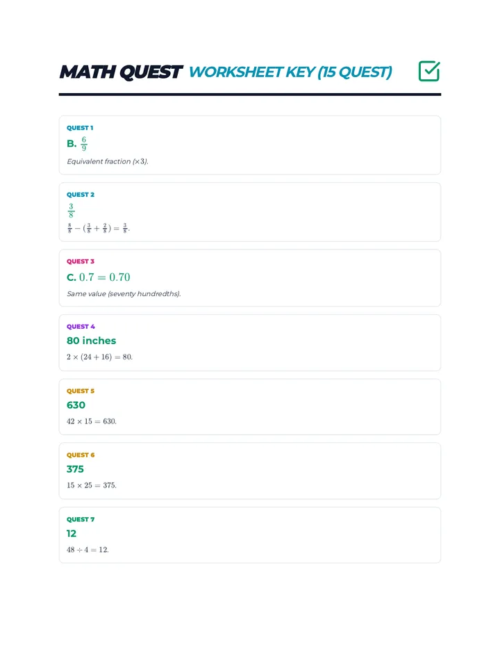 Math Quest Worksheet Key Plus