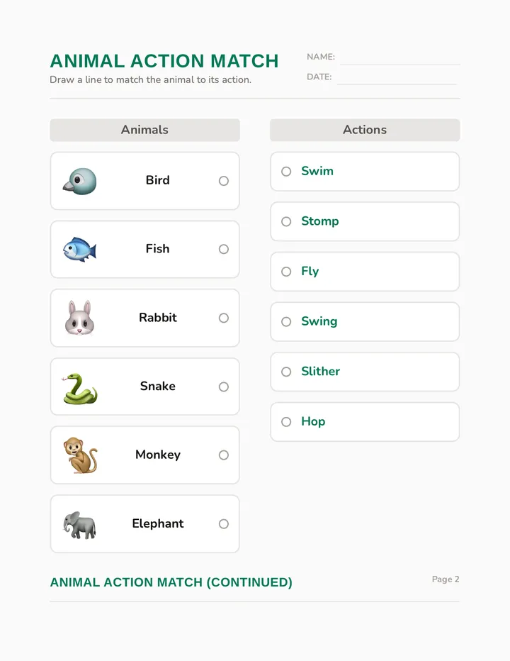 Movement Match Worksheet