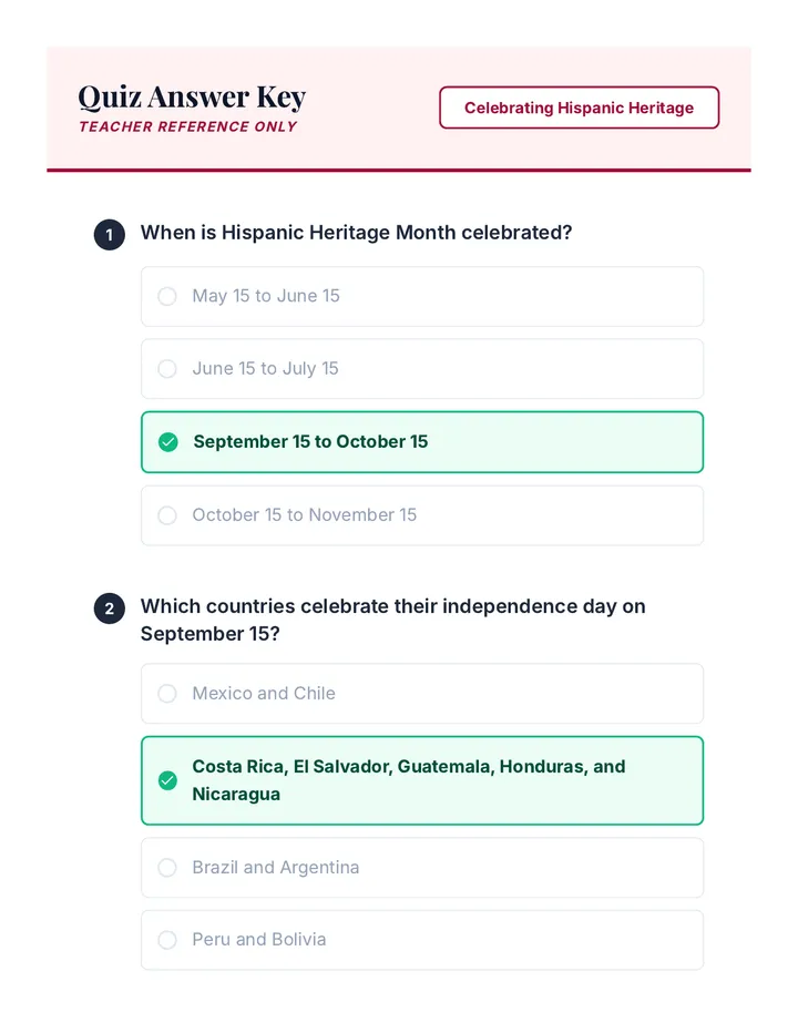 Hispanic Heritage Quiz Key