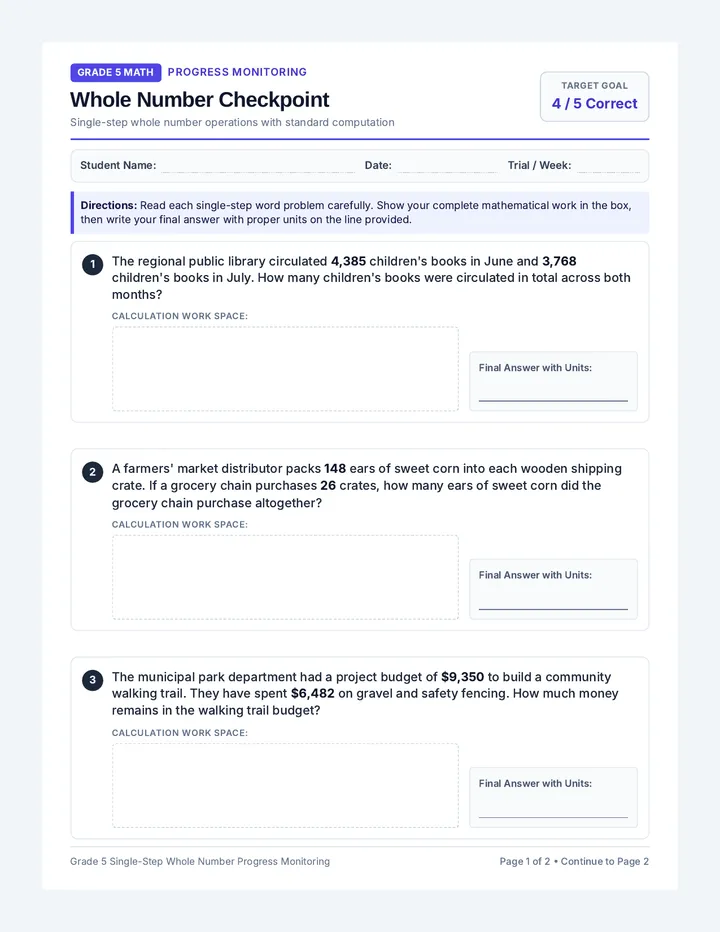 Whole Number Checkpoint Worksheet