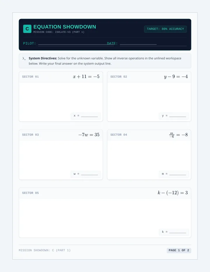 Equation Showdown Worksheet C