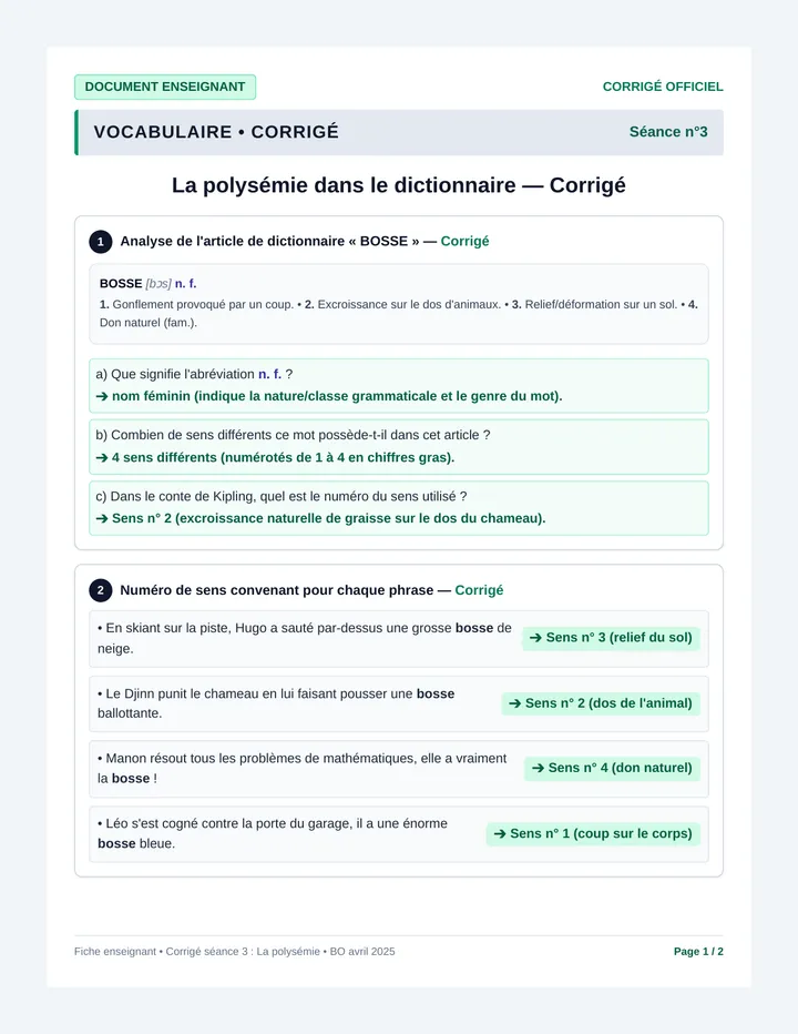 Chameau Polysemie Fiche Corrige
