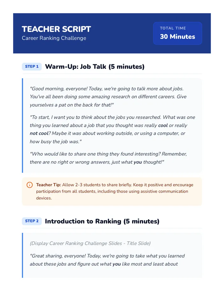 Career Ranking Challenge Teacher Script