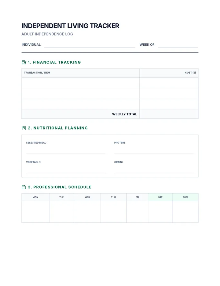 Independent Living Tracker Worksheet
