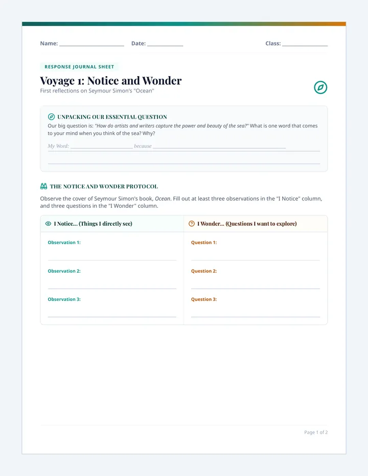 Sea Explorers Notice Worksheet