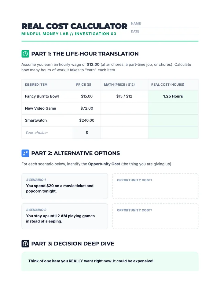 Real Cost Calculator Worksheet