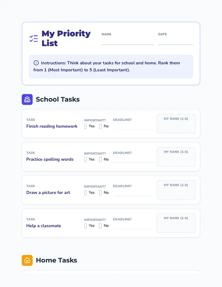 My Priority List Worksheet