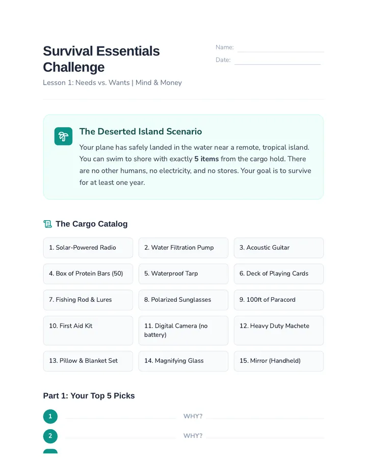Survival Essentials Worksheet