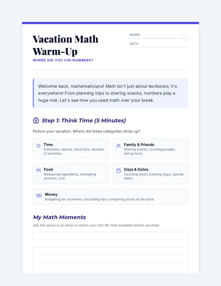 Vacation Math Worksheet