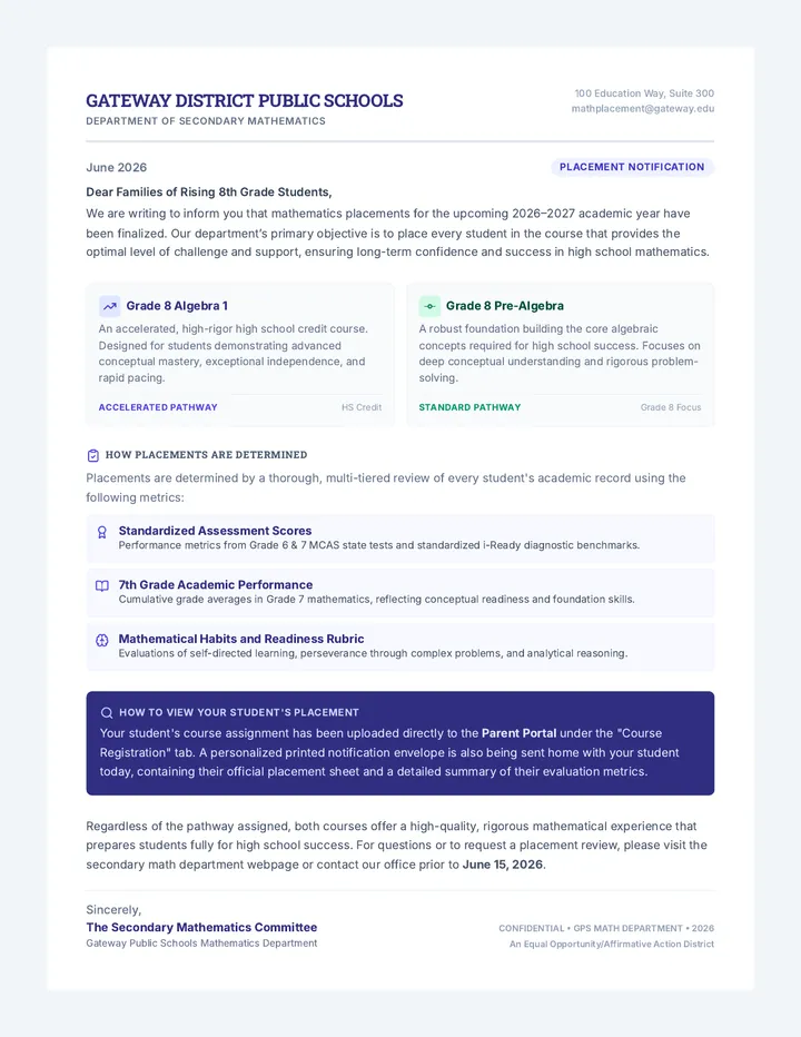 Math Pathways Placement Letter