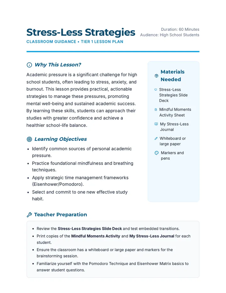 Stress-Less Strategies Lesson Plan