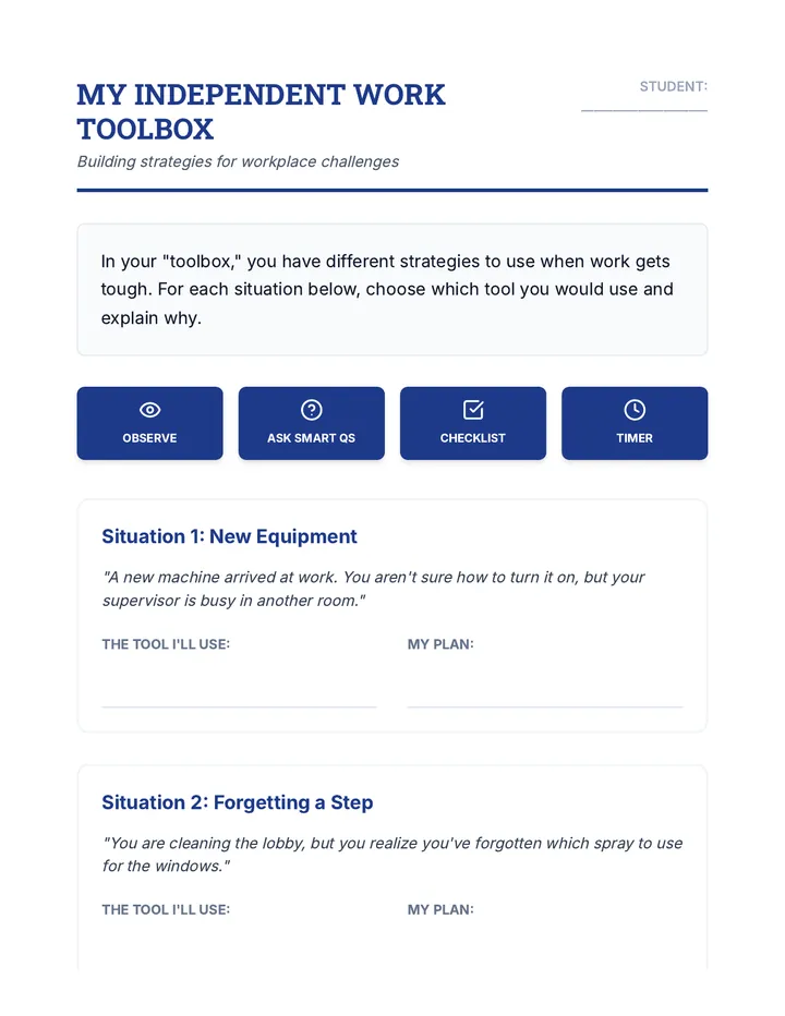 My Independent Work Toolbox Worksheet