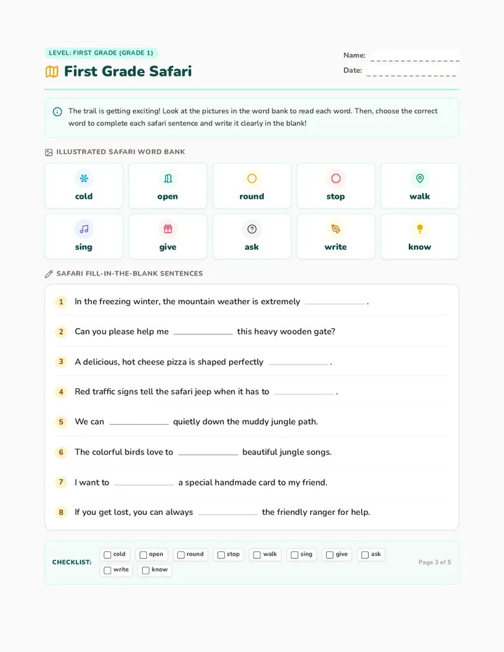 First Grade Safari Worksheet