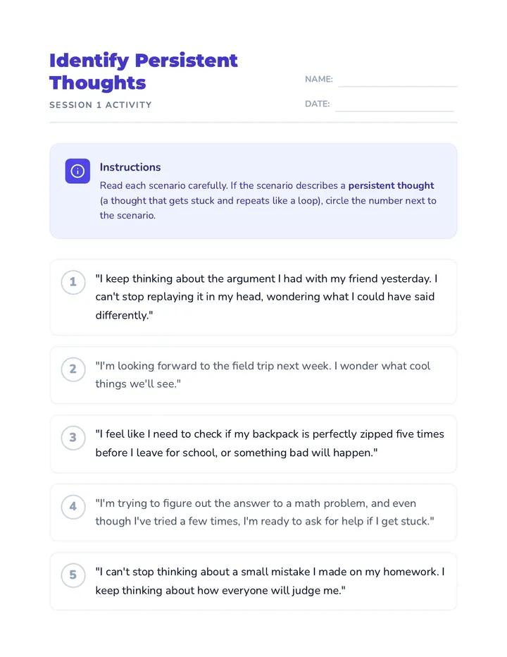 Identify Persistent Thoughts Worksheet