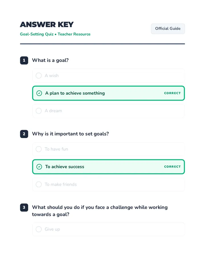 Goal Setting Quiz Answer Key