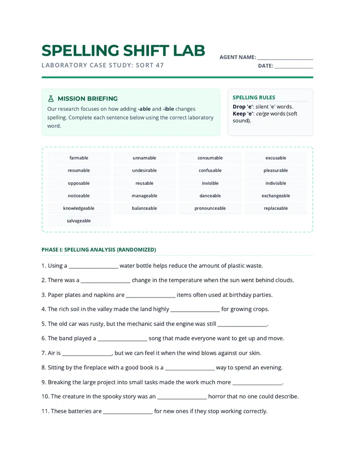 Spelling Shift Worksheet