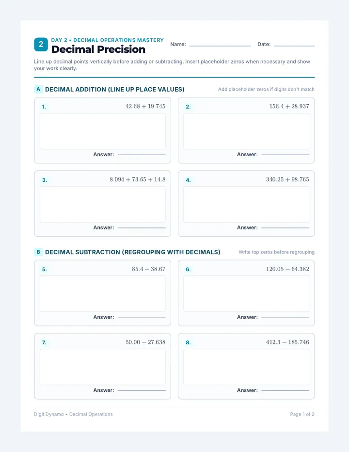 Decimal Operations Worksheet