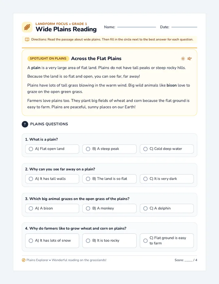 Wide Plains Reading Worksheet