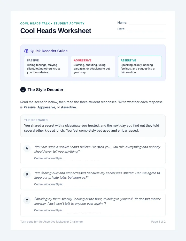 Cool Heads Worksheet