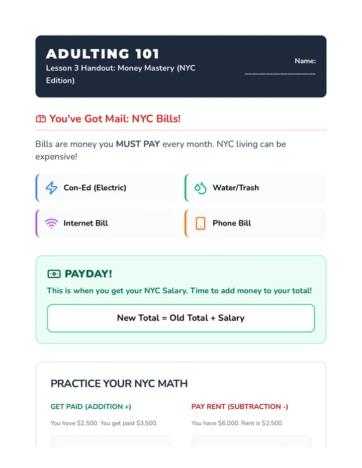 Adulting Money Math Handout