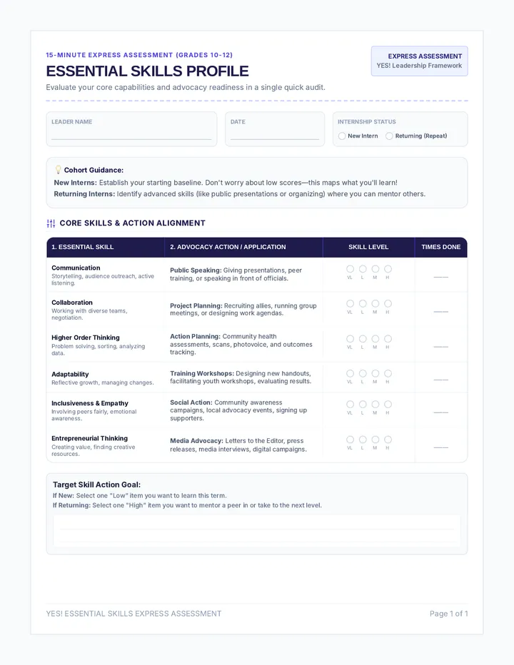 YES Skills Assessment Worksheet