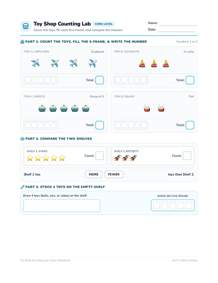 Toy Shop Counting Core Worksheet