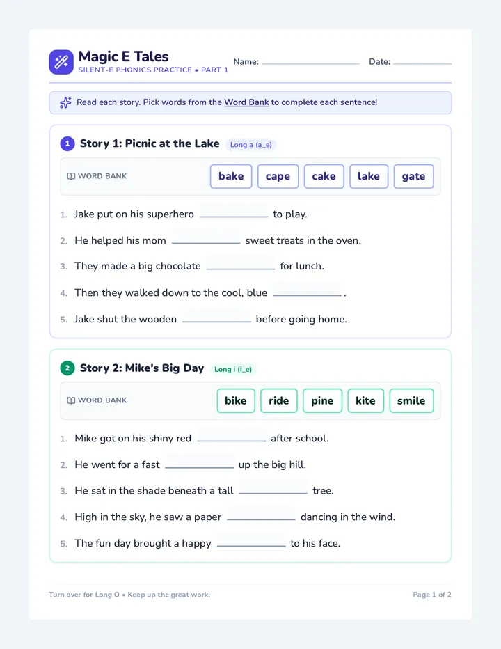Magic E Stories Worksheet