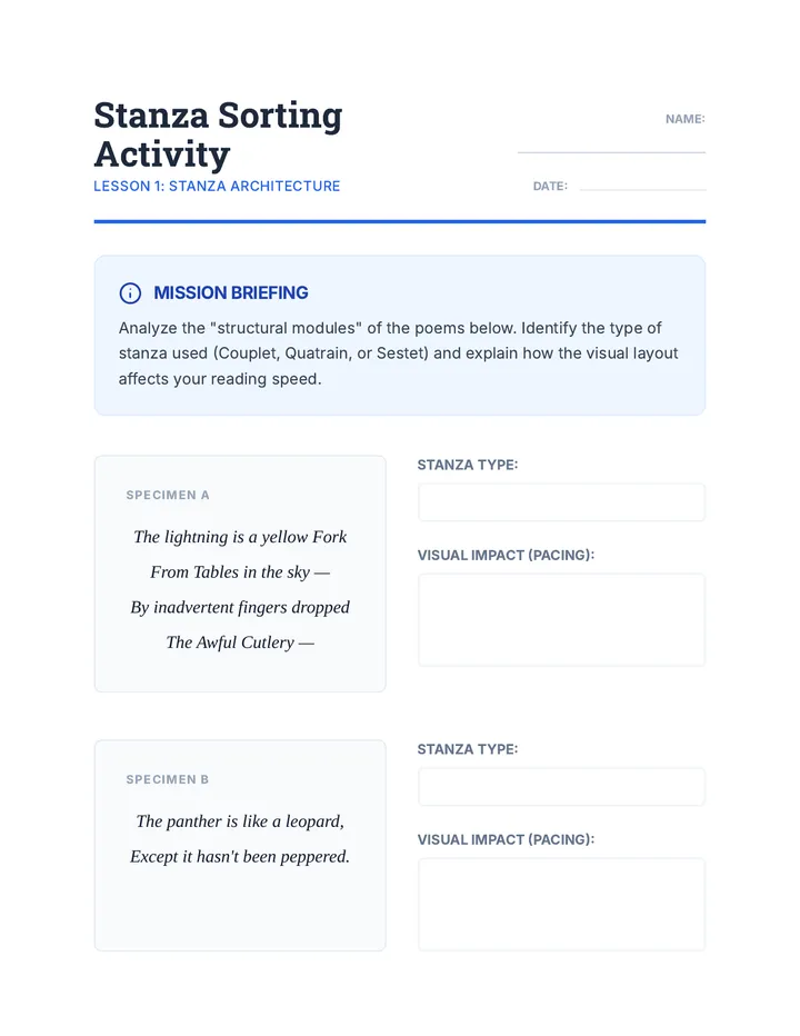 Stanza Sorting Activity Worksheet
