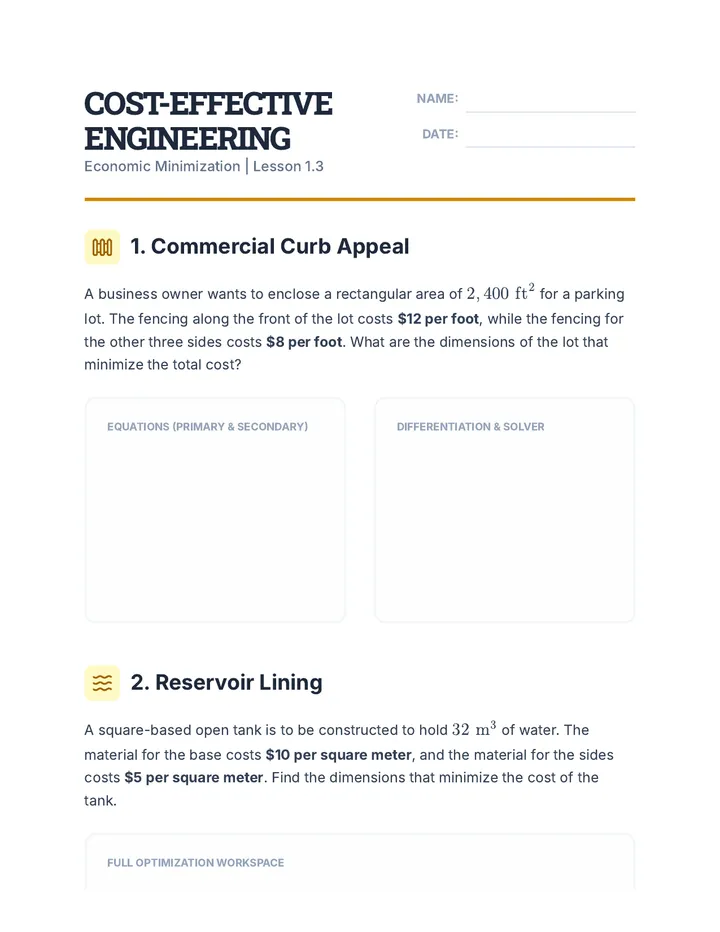 Minimizing Cost Worksheet
