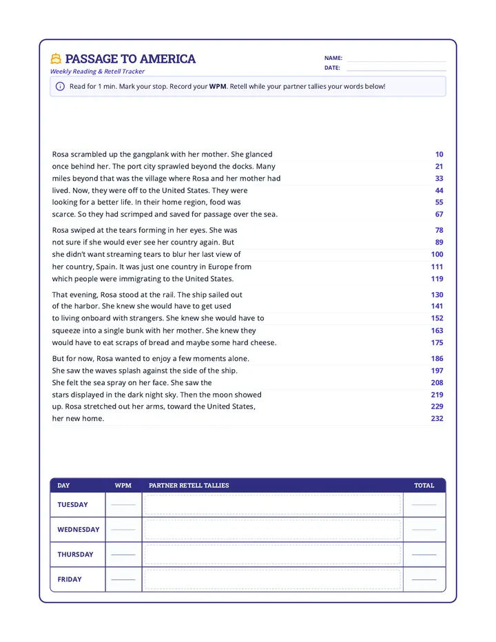 Passage to America Fluency Worksheet