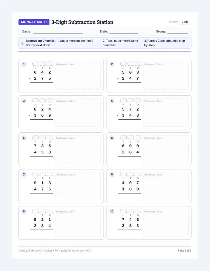 Monday Subtraction Packet