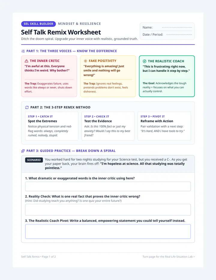 Self Talk Remix Worksheet