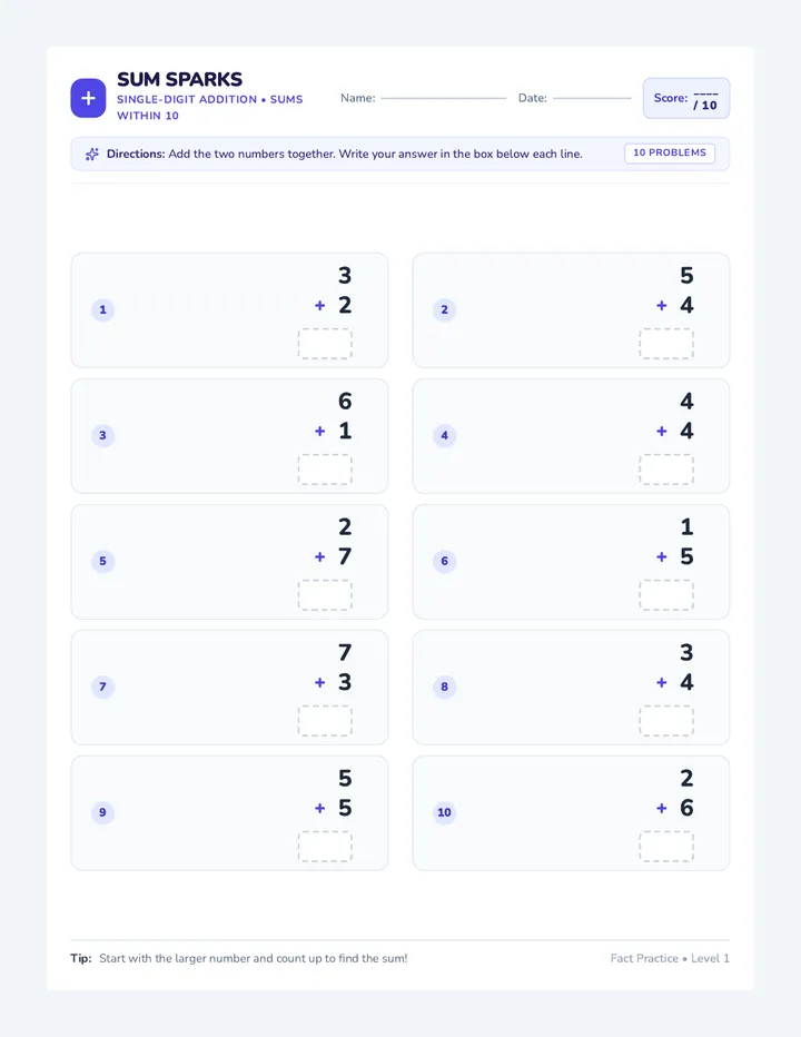Sum Sparks Worksheet