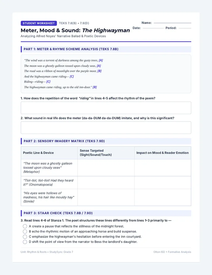 Highwayman Analysis Worksheet