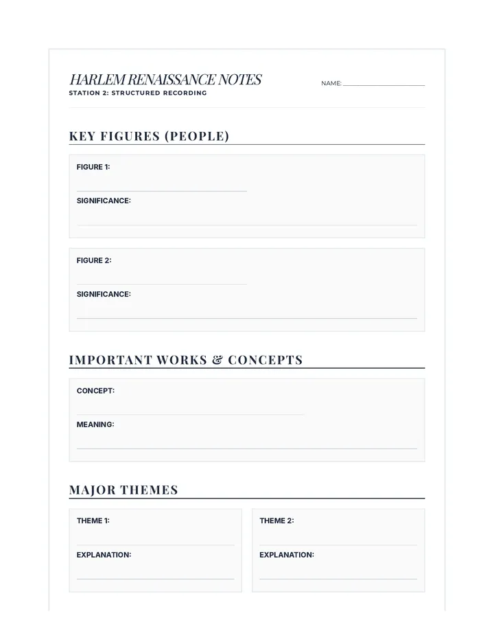 Harlem Renaissance Notes Worksheet