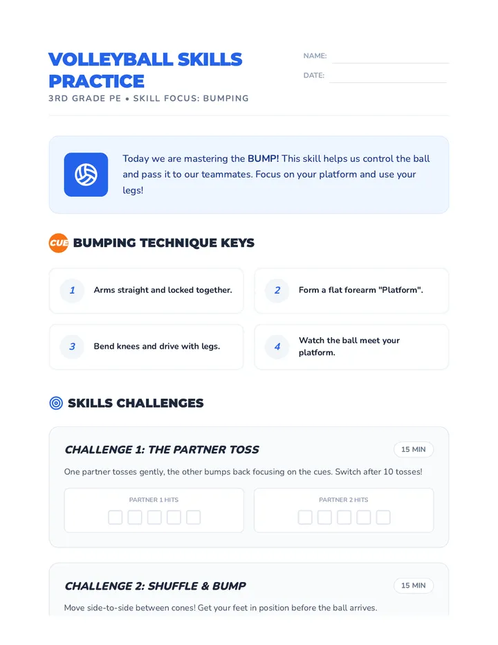 Volleyball Skills Practice Activity Worksheet