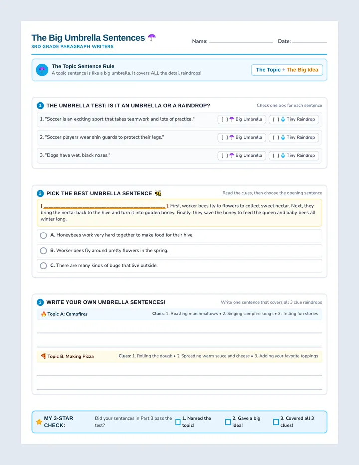 Topic Sentence Builder Worksheet