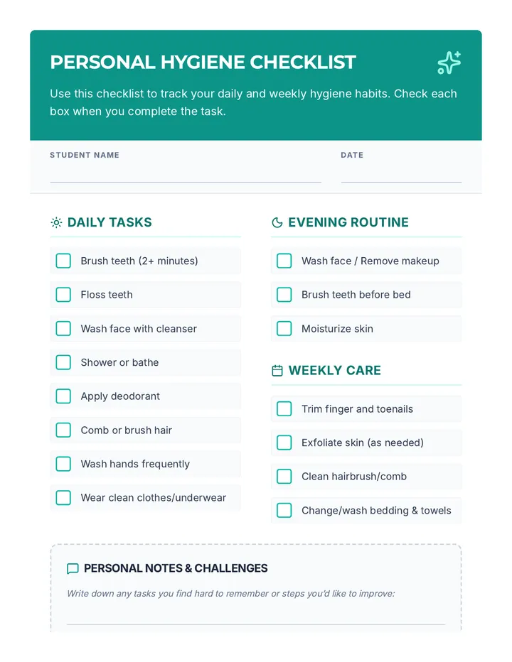 Personal Hygiene Checklist Activity