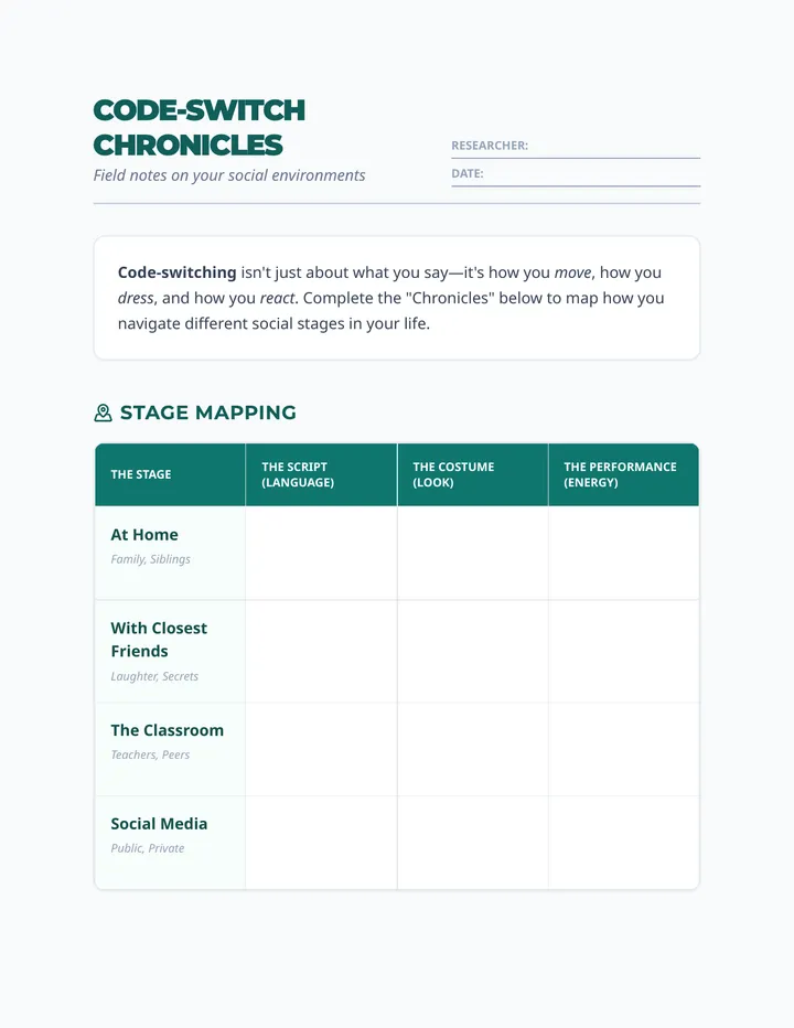 Code Switch Chronicles Worksheet