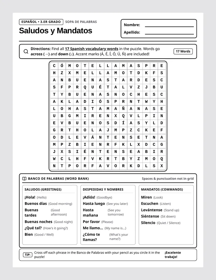 Spanish Greetings Word Search Worksheet