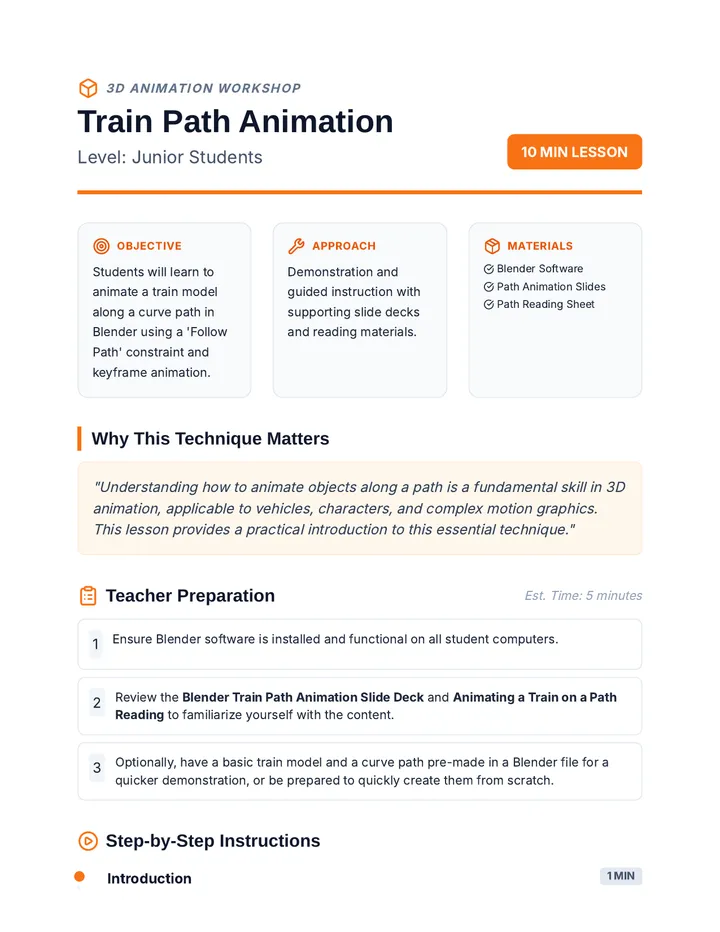 Blender Train Path Animation Lesson Plan
