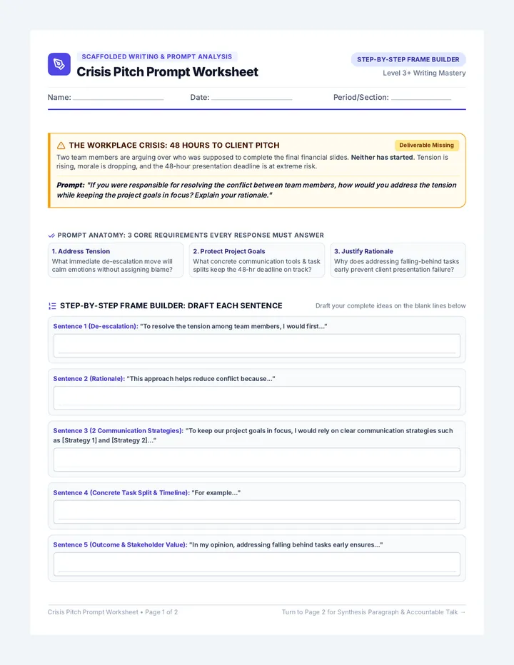 Crisis Pitch Prompt Worksheet